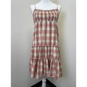 Y2K Forever 21 XXI Babydoll Pink Plaid Sundress M Smocked Tiered Ruffle Cotton